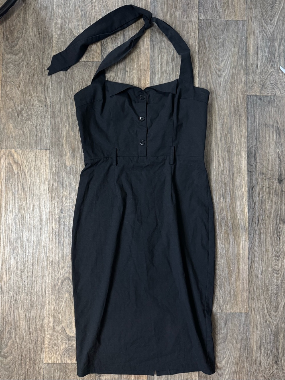 Collectif Black Sweetheart Halter Pencil Midi Dress Button Front Retro XL
